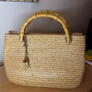 White Stag Elegant Tan Straw Tote Bag with Faux Bamboo Handles